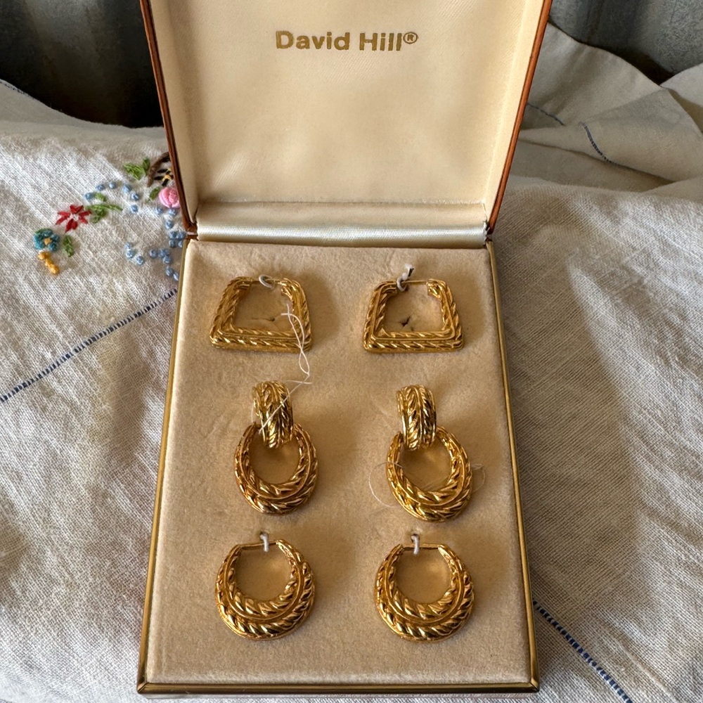 David Hill Vintage Gold-Tone Women 7 in one earring Set